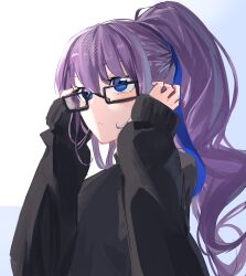 Rule 34 | 1girl, absurdres, black sweater, blue eyes, blue ribbon, blush, breasts, fate/grand order, fate (series), glasses, hair ribbon, highres, long hair, long sleeves, meltryllis (fate), obazzotto, ponytail, purple hair, ribbon, small breasts, solo, sweater