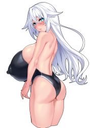 Rule 34 | 1girl, absurdres, alternate breast size, ass, black heart (neptunia), black leotard, blue eyes, blush, breasts, covered erect nipples, female focus, from behind, gigantic breasts, hair between eyes, highres, leotard, long hair, looking back, neptune (series), noire (neptunia), nyamota, parted lips, simple background, skindentation, solo, symbol-shaped pupils, white background, white hair