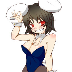 Rule 34 | 1girl, animal ears, bare shoulders, between breasts, black hair, blush, breasts, rabbit ears, rabbit tail, carrot, carrot necklace, cleavage, detached collar, fang, female focus, grin, himenomikan, inaba tewi, jewelry, large breasts, necklace, aged up, pantyhose, playboy bunny, rabbit girl, red eyes, short hair, smile, solo, tail, touhou, wrist cuffs