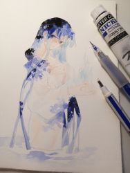 Rule 34 | 1girl, angry, art tools in frame, blue fire, blue hair, blue theme, breasts, covering breasts, covering privates, cowboy shot, fire, highres, hitodama, inuyasha, japanese clothes, kikyou (inuyasha), kimono, long hair, long sleeves, looking at viewer, looking to the side, paint tube, painting (medium), photo (medium), solo, standing, sundaetail, traditional media, very long hair, wading, water, watercolor (medium), wet, wet hair, white kimono