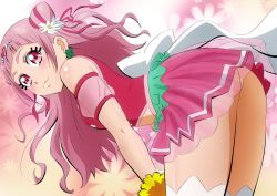 Rule 34 | 1girl, :3, bent over, blush, closed mouth, clover earrings, cone hair bun, cowboy shot, crop top, cure yell, earrings, eyelashes, flower, fuchi (nightmare), hair bun, hair flower, hair ornament, hair ribbon, hands on own knees, heart, heart hair ornament, hugtto! precure, jewelry, layered skirt, long hair, midriff, miniskirt, navel, pink hair, pleated skirt, precure, red eyes, red ribbon, red skirt, ribbon, see-through, shiny skin, skirt, smile, solo, standing, stomach, thighhighs, very long hair, white flower, white thighhighs, wrist cuffs