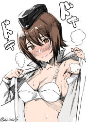 Rule 34 | 10s, 1girl, black hat, blush, breasts, brown eyes, brown hair, cleavage, commentary request, garrison cap, girls und panzer, hair between eyes, hat, medium breasts, nishizumi maho, one-hour drawing challenge, school uniform, solo, steam, sweat, twitter username, undressing, white background, yusukesan