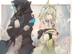 Rule 34 | 1other, 2girls, amiya (arknights), animal ear fluff, animal ears, arknights, bare shoulders, black jacket, brown hair, choker, clenched hands, closed mouth, commentary request, crossed arms, doctor (arknights), dress, food, frown, gloves, green dress, green eyes, green hair, grey gloves, head tilt, highres, hood, hood up, hooded jacket, jacket, kal&#039;tsit (arknights), long sleeves, looking to the side, mask, material growth, medium hair, mikozin, multiple girls, noodles, off-shoulder jacket, off shoulder, oripathy lesion (arknights), pout, rabbit ears, short hair, sidelocks, stethoscope, strap, strapless, strapless dress, sulking, white jacket
