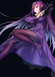 Rule 34 | 1girl, black background, breasts, brown pantyhose, dress, fate/grand order, fate (series), feather trim, fur-trimmed dress, fur trim, hair between eyes, headpiece, high heels, holding, holding wand, long hair, long sleeves, looking away, medium breasts, pantyhose, purple dress, purple footwear, purple hair, red eyes, scathach (fate), scathach skadi (fate), see-through, shoes, simple background, solo, very long hair, wand, wide sleeves, xo (xo17800108)