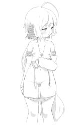 Rule 34 | 1girl, ahoge, animal ears, breasts, detached sleeves, dog ears, done (donezumi), female focus, highres, looking away, monochrome, original, panties, panty pull, pussy, rattail, short hair with long locks, small breasts, solo, tail, titi-chan (nezumi inu), underwear