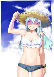 Rule 34 | 10s, 1girl, ^ ^, alternate costume, aqua hair, arm up, bare shoulders, blue sky, breasts, buttons, cleavage, closed eyes, cloud, cloudy sky, collarbone, day, denim, denim shorts, closed eyes, hair ornament, hairclip, hat, kantai collection, long hair, medium breasts, midriff, mr.lostman, navel, short shorts, shorts, sky, smile, solo, straw hat, suzuya (kancolle), tank top, teeth