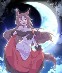 Rule 34 | 1girl, animal ears, breasts, brooch, brown hair, cloud, collarbone, crescent, crescent moon, dress, fang, highres, holding, holding clothes, holding dress, imaizumi kagerou, jewelry, large breasts, long hair, long sleeves, looking at viewer, moon, night, off-shoulder dress, off shoulder, open mouth, outdoors, red eyes, sky, solo, tail, tanasuke, touhou, white dress, wide sleeves, wolf ears, wolf tail