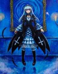 Rule 34 | 00s, blush, boots, dress, feathers, gothic lolita, hairband, highres, knee boots, lolita fashion, purple eyes, rozen maiden, silver hair, solo, suigintou, tafuto, traditional media