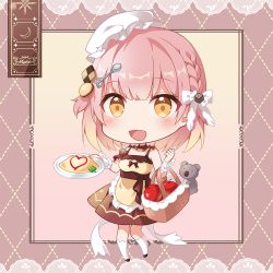 Rule 34 | 1girl, apple, apron, braid, chibi, cookie, food, fruit, hair ornament, hat, koala, maid, maid apron, multicolored hair, omelet, omurice, pink hair, project-sp, pudding (project-sp), shiro kuma shake, virtual youtuber