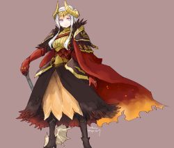 Rule 34 | 1girl, alternate costume, axe, aymr (fire emblem), cape, edelgard von hresvelg, fake horns, feathers, fire emblem, fire emblem: three houses, gloves, hair bun, holding, holding axe, horned headwear, horns, jewelry, long hair, looking at viewer, nintendo, purple eyes, red cape, robaco, simple background, single hair bun, solo, weapon, white hair