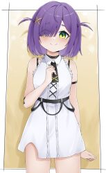 Rule 34 | 1girl, absurdres, blush, blush stickers, commission, dress, eien project, green eyes, highres, knee up, knees up, looking at viewer, purple hair, shirt, short hair, simple background, smile, thighs, virtual youtuber, zumi dokumi