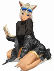 Rule 34 | 1girl, absurdres, animal ears, black footwear, black sweater, blonde hair, blue-tinted eyewear, blue eyes, boots, breasts, cat ears, cat tail, closed mouth, commission, dark-skinned female, dark skin, eyebrows hidden by hair, final fantasy, final fantasy xiv, full body, gyaru, highres, holding own tail, jacket, large breasts, leather, leather boots, leather jacket, lips, long hair, looking at viewer, miqo&#039;te, nail polish, off shoulder, pixel (yuxian), pixiv commission, ponytail, shadow, shorts, simple background, sitting, solo, sunglasses, sweater, tail, tinted eyewear, turtleneck, turtleneck sweater, wariza, warrior of light (ff14), white background, yellow shorts