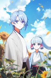 Rule 34 | 1boy, 1girl, ayaka (genshin impact), blue eyes, blue hair, blue sky, blurry, blurry background, blurry foreground, brother and sister, closed mouth, cloud, cloudy sky, commentary, day, depth of field, field, flower, genshin impact, highres, holding, holding flower, japanese clothes, kamisato ayato, long hair, mole, mole under eye, mole under mouth, motion blur, outdoors, petals, ponytail, siblings, sidelocks, sky, smile, sunflower, symbol-only commentary, xiu xxx wu, yellow flower