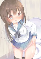 Rule 34 | 1girl, black bow, black pantyhose, blue eyes, blue sailor collar, blue skirt, blush, bow, breasts, brown eyes, brown hair, clothes pull, commentary request, hair between eyes, highres, leaning forward, long hair, long sleeves, looking at viewer, multicolored eyes, nose blush, open mouth, original, panties, panty pull, pantyhose, pantyhose pull, pink panties, pleated skirt, pulled by self, rin (fuwarin), sailor collar, school uniform, serafuku, shirt, skirt, small breasts, solo, toilet, underwear, very long hair, wavy mouth, white shirt