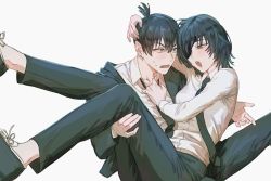 Rule 34 | 1boy, 1girl, black hair, black jacket, black necktie, black pants, blue eyes, blush, carrying, carrying person, chainsaw man, collared shirt, earrings, eyepatch, formal, green eyes, gusamo, hayakawa aki, highres, himeno (chainsaw man), jacket, jewelry, looking at another, medium hair, necktie, open mouth, pants, shirt, simple background, stud earrings, suit, sweat, topknot, undressing another, white background, white shirt, worried