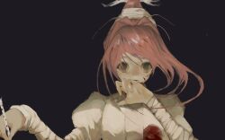 Rule 34 | arm wrap, bandaged arm, bandages, blood, blood on clothes, blood on face, hair ornament, hand to own mouth, hands up, highres, holding, holding pen, hunter x hunter, juliet sleeves, kkknoume, long hair, long sleeves, looking at viewer, neon nostrade, outstretched arm, pen, pink hair, puffy sleeves, simple background, sleeves past wrists, solo, straight-on, updo, upper body
