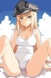 Rule 34 | 10s, 1girl, arms up, bare legs, bare shoulders, bismarck (kancolle), blonde hair, blue eyes, blue sky, blush, breasts, cleavage, cloud, collarbone, day, eyebrows, hair between eyes, hat, head tilt, kantai collection, knees up, long hair, looking at viewer, medium breasts, ohta yuichi, one-piece swimsuit, peaked cap, sitting, sky, solo, spread legs, sweatdrop, swimsuit, very long hair, white one-piece swimsuit