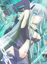 Rule 34 | 1girl, aqua eyes, armpits, arms up, bad id, bad pixiv id, breasts, chain, cleavage, dragon girl, grey hair, large breasts, long hair, midriff, mishima kurone, monocle, monocle chain, monster girl, original, restrained, solo, source request, thighhighs, very long hair
