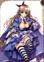 Rule 34 | 1girl, alicia (queen&#039;s blade), blue eyes, breasts, brown hair, cape, cleavage, fingerless gloves, frills, gloves, hair ribbon, highres, hobby japan, large breasts, legs, long hair, misaki kurehito, necktie, panties, pantyshot, queen&#039;s blade, queen&#039;s blade grimoire, queen&#039;s blade lost worlds, ribbon, scan, skirt, smile, solo, striped clothes, striped thighhighs, sword, thighhighs, underwear, upskirt, weapon, white panties