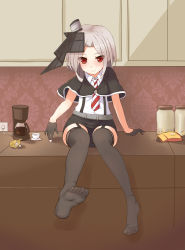 Rule 34 | 1girl, absurdres, black gloves, black thighhighs, blush, closed mouth, coffee, coffee beans, coffee cup, coffee maker, cup, disposable cup, feet, foot focus, garter straps, gloves, grey hair, highres, looking at viewer, necktie, no shoes, red eyes, red necktie, short hair, shou jian yu, sitting, smile, soles, solo, striped necktie, striped neckwear, sugar cube, thighhighs, toes, vittorio veneto (warship girls r), warship girls r, white necktie