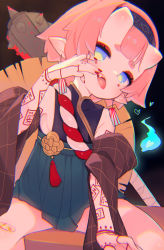 Rule 34 | 1girl, arm tattoo, bare shoulders, blue eyes, club, club (weapon), commission, cowboy shot, detached sleeves, earrings, facial mark, fang, flat chest, hairband, henreader, highres, hitodama, horns, jewelry, kanabou, kouhaku nawa, looking at viewer, mouth pull, nail polish, oni, original, pink hair, pixiv commission, pointy ears, red nails, rope, shimenawa, short hair, sitting, solo, tattoo, tongue, tongue out, weapon, wide sleeves