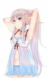 Rule 34 | 10s, 1girl, adjusting hair, armpits, arms behind head, arms up, au ra, babydoll, bai banca, dragon girl, female focus, final fantasy, final fantasy xiv, highres, horns, looking at viewer, midriff, navel, nightgown, ponytail, silver hair, solo, stomach, upper body