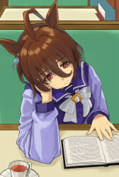 Rule 34 | 1girl, agnes tachyon (umamusume), ahoge, book, bow, brown hair, chemical structure, closed mouth, commentary request, cup, earrings, hair between eyes, head rest, highres, horse girl, jewelry, purple shirt, reading, red eyes, sailor collar, school uniform, shahha, shirt, single earring, sitting, solo, table, tea, teacup, tracen school uniform, umamusume, upper body, white bow, winter uniform