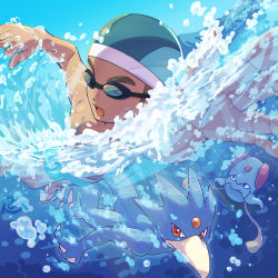 Rule 34 | 1boy, air bubble, barefoot, brown hair, bubble, commentary request, creatures (company), day, game freak, gen 1 pokemon, goggles, golduck, male focus, nintendo, open mouth, outdoors, partially underwater shot, pokemon, pokemon (creature), pokemon lgpe, short hair, sky, splashing, swim cap, swimmer (pokemon), swimming, tentacool, toes, tom (pixiv10026189), tongue, topless male, underwater