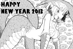 Rule 34 | 10s, 1girl, 2013, bare shoulders, breasts, chinese zodiac, cleavage, elbow gloves, english text, forked tongue, gloves, horns, lamia, large breasts, long tongue, monochrome, monster girl, navel, new year, oku (okumen), original, short hair, slit pupils, smile, snake, snake (chinese zodiac), solo, tongue, tongue out