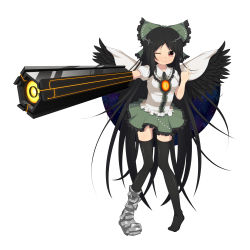 Rule 34 | 1girl, absurdres, alternate weapon, arm cannon, bad id, bad pixiv id, black thighhighs, female focus, full body, highres, kinakomoti, one eye closed, red eyes, reiuji utsuho, shoes, simple background, single shoe, solo, thighhighs, third eye, touhou, weapon, white background, wings, wink