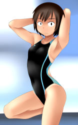 Rule 34 | 1girl, arms up, black eyes, brown hair, competition swimsuit, one-piece swimsuit, original, short hair, solo, swimsuit, tanaka rikimaru