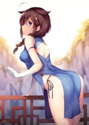 Rule 34 | 1girl, ahoge, alternate costume, arm strap, arm support, ass, back cutout, bare shoulders, blue dress, blue eyes, blush, braid, breasts, china dress, chinese clothes, cliff, clothing cutout, day, dress, from behind, gloves, hair flaps, hair over shoulder, highres, kantai collection, looking at viewer, looking back, medium breasts, nyum, outdoors, panties, pelvic curtain, profile, shigure (kancolle), shigure kai ni (kancolle), shoulder blades, side-tie panties, single braid, sleeveless, sleeveless dress, solo, thighs, underwear, white gloves