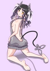 Rule 34 | 1girl, aran sweater, ass, back, backless dress, backless outfit, bare back, barefoot, black hair, blush, bow, breasts, butt crack, cable knit, closed mouth, commentary request, demon girl, demon horns, demon tail, dress, full body, grey sweater, hair bow, halterneck, highres, horns, kneeling, kojo anna, kojo anna (3rd costume), long hair, looking at viewer, looking back, medium breasts, meme attire, multicolored hair, naked sweater, nanashi inc., official alternate costume, pink background, pointy ears, purple background, purple hair, ribbed sweater, robou no stone, sideboob, simple background, smile, soles, solo, sugar lyric, sweater, sweater dress, tail, turtleneck, turtleneck sweater, twintails, two-tone hair, virgin killer sweater, virtual youtuber, white bow, yellow eyes