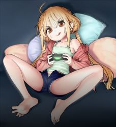 Rule 34 | 10s, 1girl, barefoot, blonde hair, brown eyes, feet, futaba anzu, game console, idolmaster, idolmaster cinderella girls, mabera, panties, pantyshot, pillow, playing games, playstation 4, short shorts, shorts, soles, solo, spread legs, spread toes, tank top, toes, tongue, tongue out, unbuttoned, underwear, upshorts