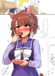 ... 1boy 2girls absurdres animal_ears blue_skirt bow breasts brown_eyes candy chocolate chocolate_heart commentary_request dantsu_flame_(umamusume) ear_covers ear_ribbon food gryebooks heart heart-shaped_food heart-shaped_pupils highres hishi_miracle_(umamusume) horse_ears horse_girl horse_tail medium_breasts multicolored_hair multiple_girls school_uniform skirt sleeping spoken_ellipsis symbol-shaped_pupils t-head_trainer_(umamusume) tail tracen_school_uniform trainer_(umamusume) two-tone_hair umamusume zzz