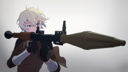 Rule 34 | 1boy, ahoge, aiming, bad id, bad pixiv id, billy the kid (fate), bishounen, black gloves, black neckwear, blonde hair, blue eyes, brown jacket, brown vest, closed mouth, collared shirt, eyelashes, fate/grand order, fate (series), furrowed brow, gloves, high-explosive anti-tank (warhead), highres, holding, holding weapon, jacket, looking ahead, male focus, man-portable anti-tank systems, rocket-propelled grenade, rocket (projectile), rocket launcher, rpg, rpg-7, rpg (weapon), serious, shirt, short hair, simple background, solo, thunderstriker, tsurime, vest, wavy hair, weapon