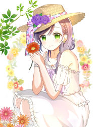 Rule 34 | 1girl, bare shoulders, bow, braid, brown flower, brown hat, closed mouth, commentary request, dress, earrings, floral background, flower, frilled dress, frills, green eyes, hair between eyes, hair over shoulder, hat, hat flower, highres, holding, holding flower, jewelry, long hair, love live!, love live! school idol festival, love live! school idol project, puffy short sleeves, puffy sleeves, purple bow, purple flower, purple hair, purple rose, red flower, revision, rose, ryoutan, see-through, see-through sleeves, short sleeves, single braid, smile, solo, squatting, sun hat, tojo nozomi, white background, white dress, white flower