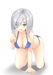Rule 34 | 10s, 1girl, all fours, bad id, bad pixiv id, bikini, blue bikini, breasts, cleavage, collarbone, fang, grey eyes, hair ornament, hairclip, hamakaze (kancolle), highres, kantai collection, large breasts, ootsuki momiji, open mouth, paw pose, silver hair, smile, solo, swimsuit