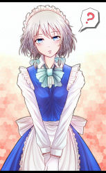 Rule 34 | 1girl, ?, apron, blouse, blue dress, blue eyes, blush, breast press, dress, gloves, gradient background, highres, izayoi sakuya, long sleeves, looking at viewer, maid, maid apron, maid headdress, necktie, nuka (nvkka), nvkka, own hands clasped, own hands together, parted lips, pov, shirt, short hair, silver hair, solo, spoken question mark, tight clothes, tight dress, touhou, white gloves