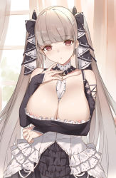 Rule 34 | 1girl, areola slip, azur lane, backlighting, bad id, bad pixiv id, bare shoulders, between breasts, black dress, blush, breasts, brown eyes, cleavage, closed mouth, curtains, dress, earrings, formidable (azur lane), frilled dress, frills, grey hair, highres, jewelry, large breasts, long hair, looking at viewer, ribbon, solo, sumarurist, twintails, two-tone dress, two-tone ribbon, very long hair, window