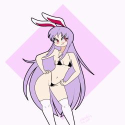 Rule 34 | 1girl, animated, animated gif, bikini, black bikini, blush, bouncing breasts, breasts, female focus, highres, long hair, looking at viewer, purple hair, rabbit ears, rabbit girl, red eyes, reisen udongein inaba, small breasts, solo, standing, swimsuit, thighhighs, thong, touhou, white thighhighs, zedrin