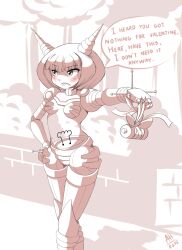 Rule 34 | 1girl, 2015, average-hanzo, bad deviantart id, bad id, bad source, battery, blush, bob cut, breasts, claws, commentary, dynatron (mighty no. 9), english commentary, english text, feet out of frame, frown, gift, hand on own hip, holding, holding gift, horns, joints, light bulb, looking to the side, medium breasts, mighty no. 9, monochrome, no cape, outdoors, parted lips, ribbon, robot joints, see-through body, shadow, sharp teeth, short hair, signature, solo, speech bubble, teeth, tree, tsundere, valentine