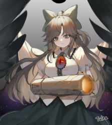 Rule 34 | 1girl, arm cannon, black hair, black skirt, black wings, blush, bow, breasts, cape, commentary, cowboy shot, feathered wings, green eyes, grey background, grey bow, hair bow, half updo, heoningu, highres, large breasts, long hair, looking at viewer, puffy short sleeves, puffy sleeves, reiuji utsuho, shirt, short sleeves, skirt, solo, space print, starry sky print, touhou, weapon, white cape, white shirt, wings