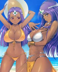 Rule 34 | 2girls, abs, armpits, bad id, bad pixiv id, ball, bare shoulders, beach, beachball, belly chain, bikini, breast hold, breasts, chunsoft, circlet, cleavage, curvy, dark skin, dark-skinned female, day, dragon quest, dragon quest iv, enix, front-tie top, highres, hip focus, huge breasts, jewelry, long hair, lots of jewelry, mahito, manya (dq4), midriff, minea (dq4), multiple girls, muscular, navel, ocean, orange bikini, outdoors, pelvic curtain, purple hair, red eyes, siblings, sisters, swimsuit, thighs, toned, twins, water, wide hips
