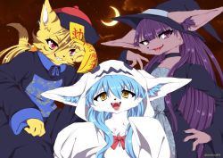 Rule 34 | 3girls, blue hair, cat, chinese clothes, fox, furry, halloween, halloween costume, hat, long hair, multiple girls, open mouth, purple eyes, purple hair, red eyes, witch hat, wolfox004, yellow eyes
