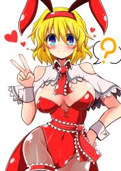 Rule 34 | 1girl, ?, adapted costume, alice margatroid, animal ears, ascot, bare shoulders, blonde hair, blue eyes, blush, bow, bowtie, breasts, rabbit ears, playboy bunny, capelet, cleavage, detached collar, earrings, fake animal ears, fishnet pantyhose, fishnets, hairband, hand on own hip, heart, heart-shaped pupils, highres, jewelry, large breasts, bridal garter, leotard, pantyhose, ribbon, rindou (p41neko), sash, short hair, smile, solo, spoken question mark, symbol-shaped pupils, touhou, v, wrist cuffs