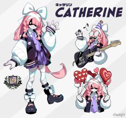 Rule 34 | 1girl, arm up, balloon, bandaged head, bandaged leg, bandages, black footwear, black jacket, blush, bow, braid, buttons, catherine (donuttypd), closed eyes, closed mouth, coke-bottle glasses, colored skin, donuttypd, fake facial hair, fake mustache, fake nose, glasses, guitar, hair bow, hand up, hat, heart balloon, highres, holding, holding balloon, holding instrument, holding plectrum, instrument, jacket, large bow, light smile, long hair, monster girl, mummy, musical note, nail polish, necktie, open clothes, open jacket, original, party hat, pink hair, plaid, plaid skirt, pleated skirt, plectrum, purple headwear, purple necktie, purple skirt, school uniform, skirt, skull, smile, striped background, striped clothes, striped headwear, twin braids, very long hair, white bow, white skin, x