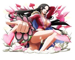 Rule 34 | 1girl, black eyes, black hair, boa hancock, bodskih, breasts, cleavage, collarbone, floating hair, heart, hip focus, huge breasts, index finger raised, leg up, long hair, looking at viewer, one piece, one piece treasure cruise, parted lips, red skirt, shiny skin, skirt, smile, solo, standing, standing on one leg, thighs, transparent background, very long hair