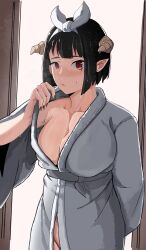 Rule 34 | 1girl, absurdres, arm at side, bathrobe, black hair, black nails, blush, breasts, closed mouth, collarbone, cowboy shot, demon girl, expressionless, eyebrows, eyelashes, facial mark, female focus, fingernails, froot, hand up, highres, hime-sama &quot;goumon&quot; no jikan desu, horns, large breasts, long fingernails, looking at viewer, medium hair, nail polish, no panties, official alternate costume, pointy ears, red eyes, robe, solo, standing, torture tortura, wet, white robe