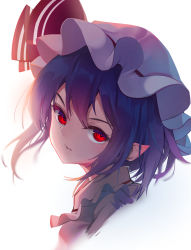 Rule 34 | 1girl, blue hair, bow, collar, frilled collar, frilled shirt collar, frills, hat, hat ribbon, highres, kuma-ra, looking at viewer, looking to the side, mob cap, pink shirt, pointy ears, portrait, purple hair, red bow, red eyes, red ribbon, remilia scarlet, ribbon, shirt, touhou, white background